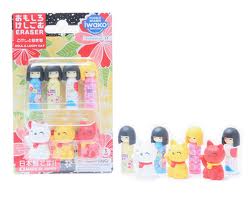 Miniature Rubber Erasers: Kokeshi & Lucky Cats Set