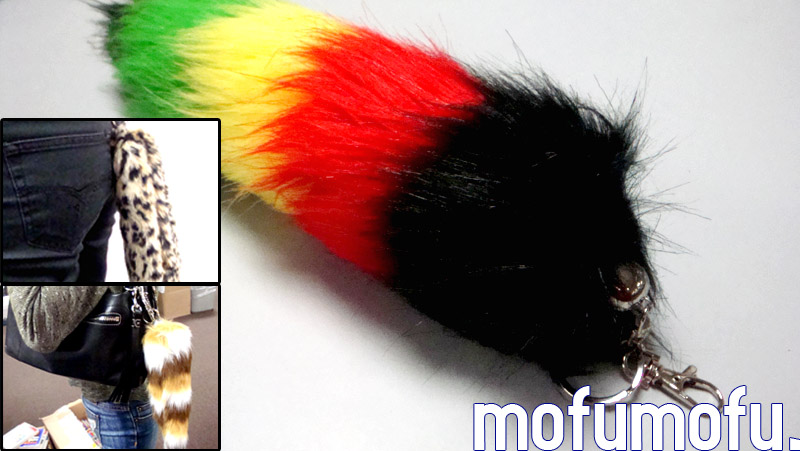 Mofumofu Shippo Keychain with clip (Black/Red/Yellow/Green Stripes)